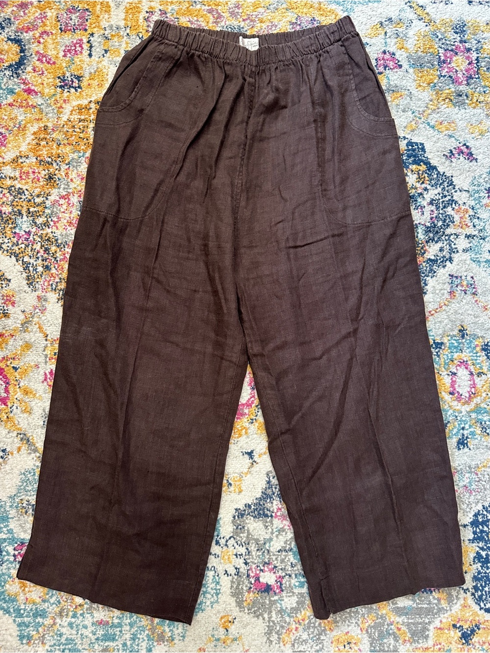 Mosaic USA Brown 100% Linen Wide Leg Elastic Waist Pants Size L Made in USA